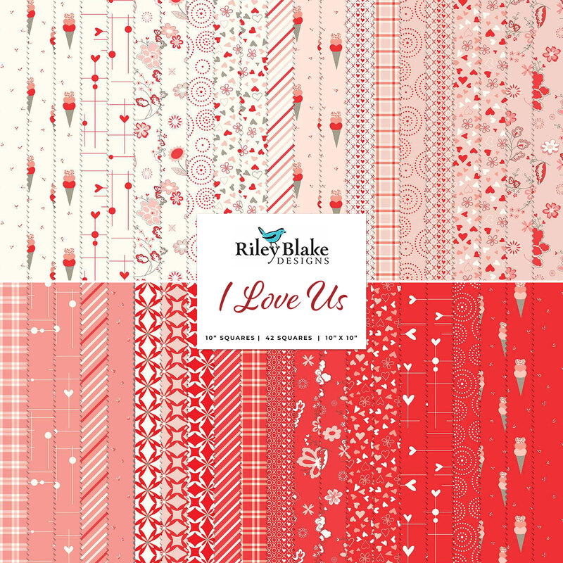 collage of all fabrics included in I Love Us 10-inch stacker in shades of cream, red, and pink