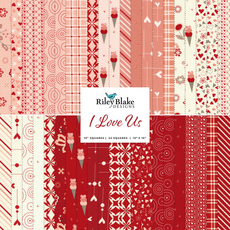 collage of all fabrics included in I Love Us 10-inch stacker in shades of cream, red, and pink
