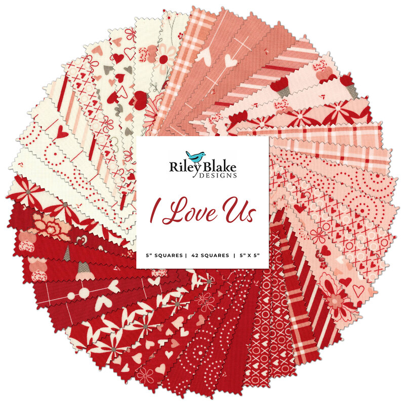 collage of all fabrics included in I Love Us 5-inch stacker in shades of cream, red, and pink