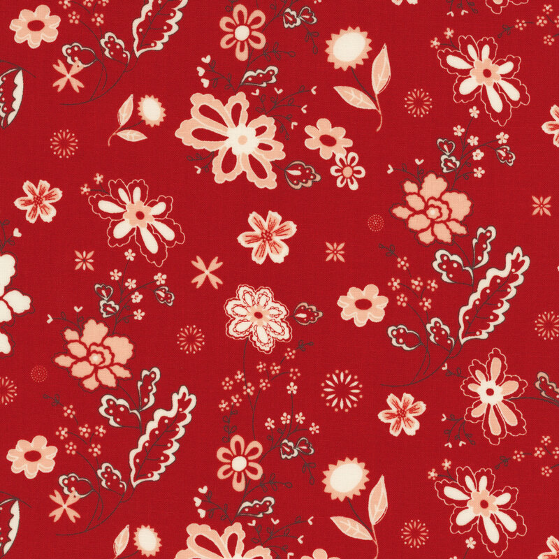 fabric featuring red and white florals and vines in a paisley-style on a bold red background