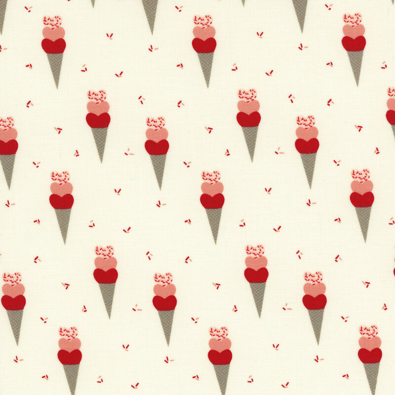 fabric that features ice cream cones with hearts on a solid cream background