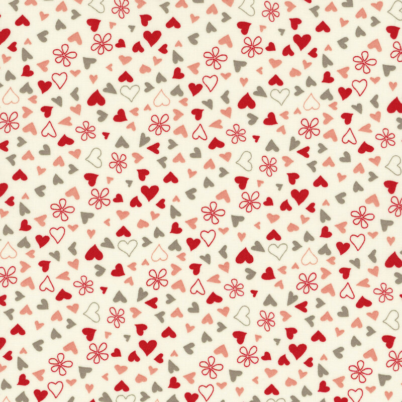 fabric featuring ditsy tossed red, gray and pink hearts on a solid cream background