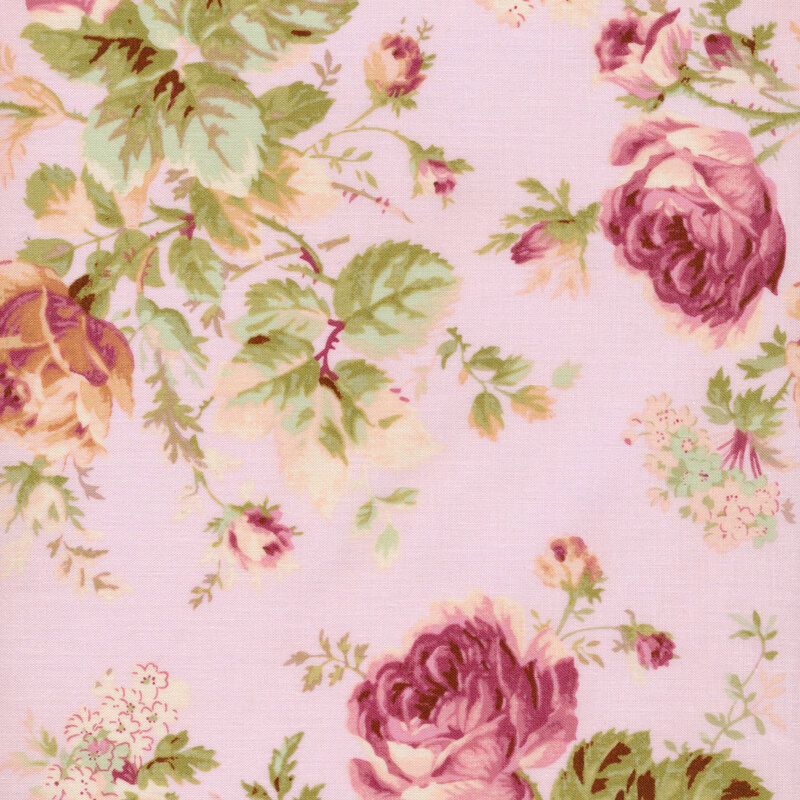 Image of fabric featuring large pink roses, leaves, and tiny beige wildflowers on a light pink background
