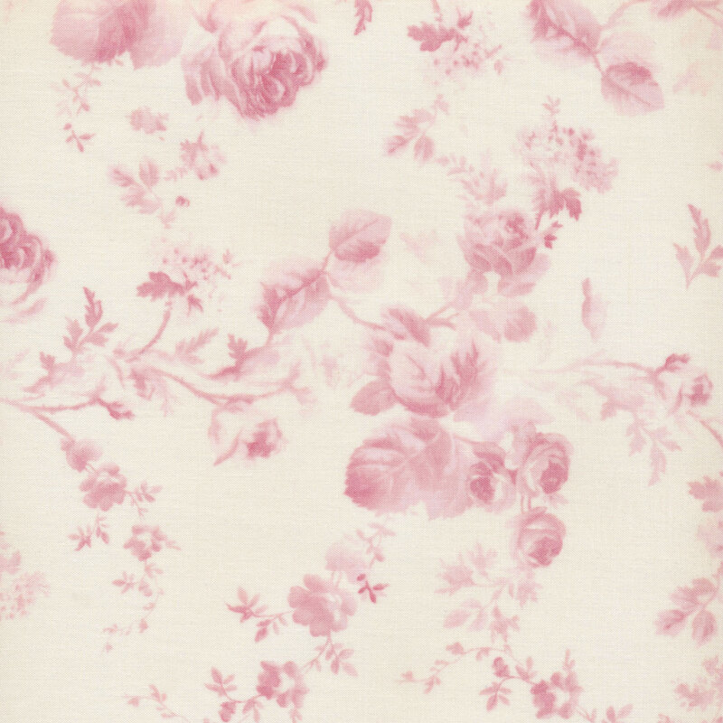 Image of fabric featuring faded pink roses, vines, leaves, and small wildflowers on a light cream background