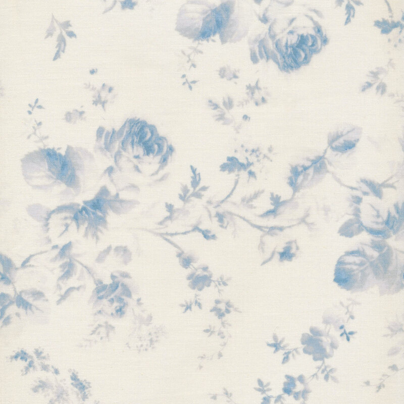 Image of fabric featuring faded blue roses, vines, leaves, and small wildflowers on a light cream background
