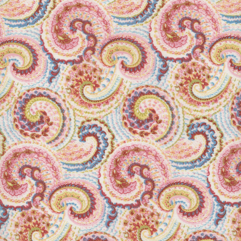 Image of fabric featuring multicolored paisley on a cream background
