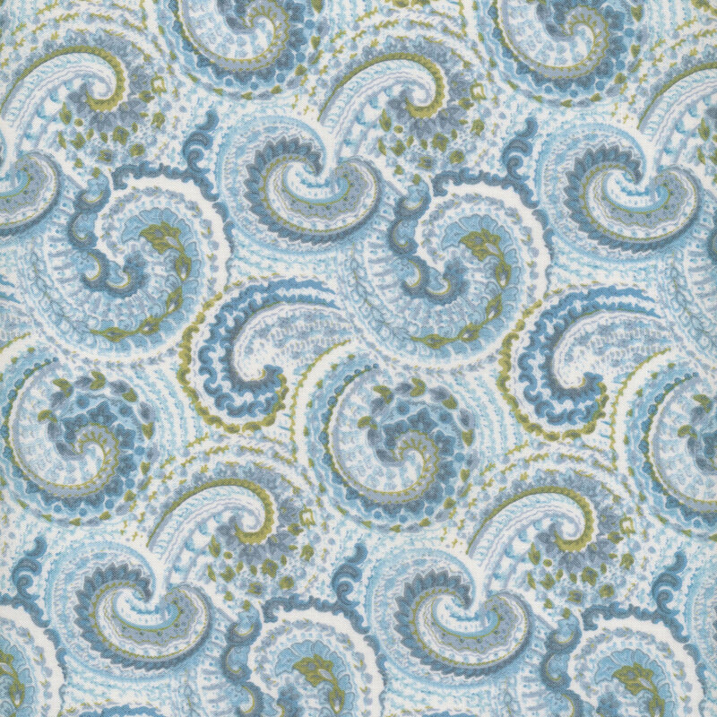 Image of fabric featuring blue paisley on a cream background