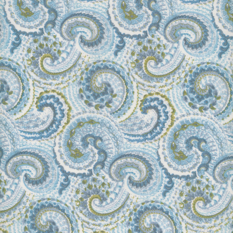Image of fabric featuring blue paisley on a cream background