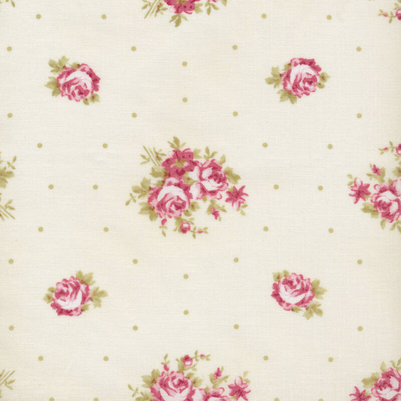 Image of fabric featuring arrangements of pink flowers and roses, interspersed with green dots, on a cream background