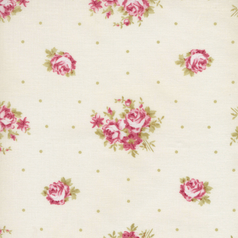 Image of fabric featuring arrangements of pink flowers and roses, interspersed with green dots, on a cream background