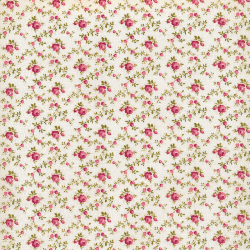 Image of fabric featuring a trellis of pink roses and rosebuds, with singular roses and rosebuds in the spaces between, set against a cream background