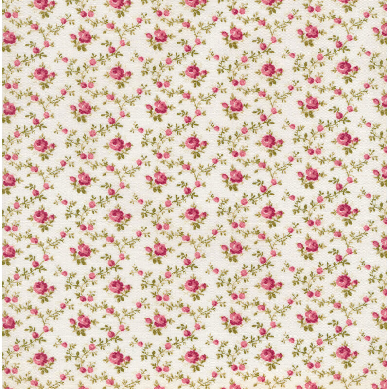 Image of fabric featuring a trellis of pink roses and rosebuds, with singular roses and rosebuds in the spaces between, set against a cream background