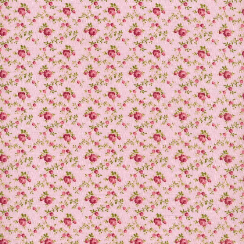 Image of fabric featuring a trellis of pink roses and rosebuds, with singular roses and rosebuds in the spaces between, set against a pink background