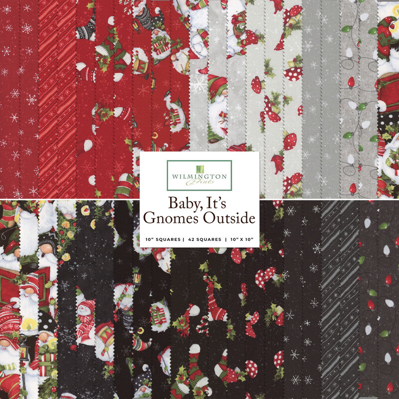 A collage of fabrics included in the Baby, It's Gnomes Outside 10 Karat Crystal