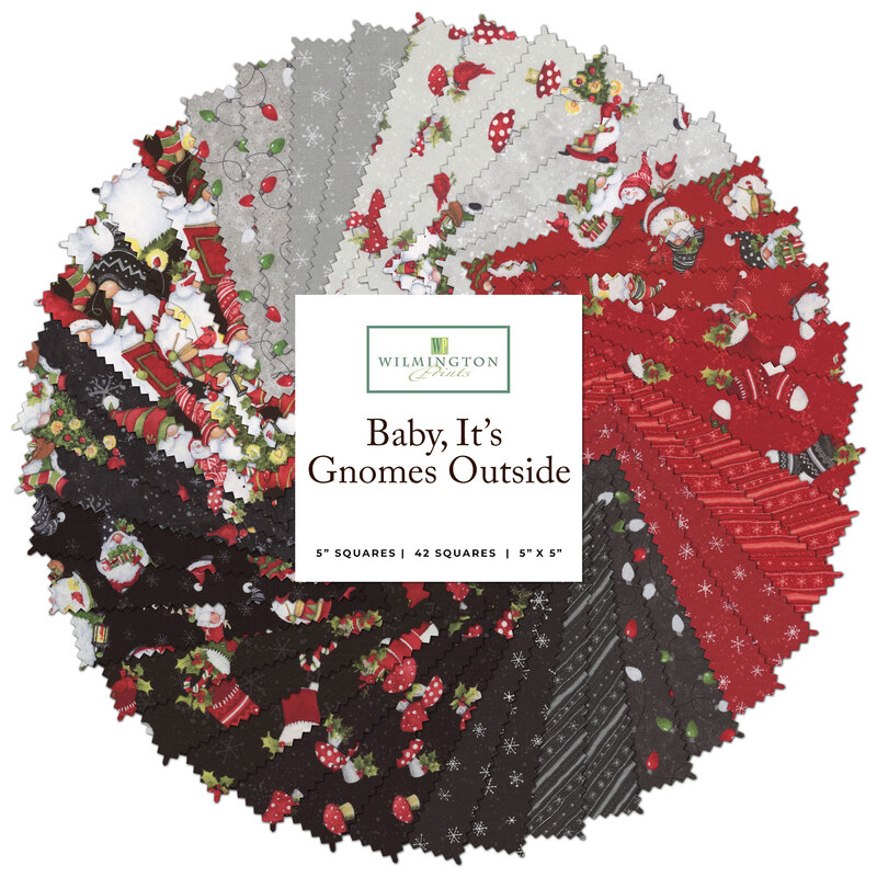A collage of fabrics included in the Baby, It's Gnomes Outside 10 Karat Crystal