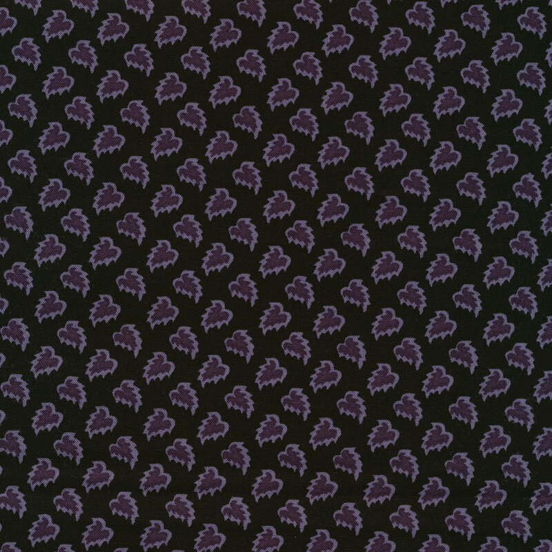 black fabric with purple tonal flairs of foliage alternating across it.