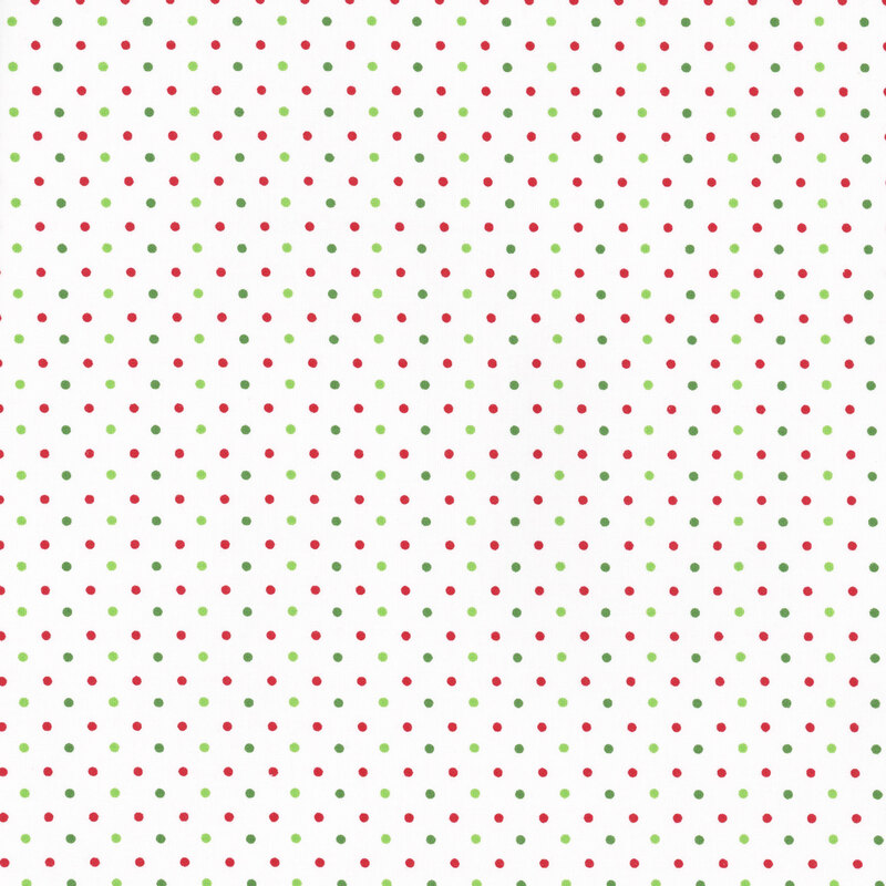 fabric featuring red and green polka dots on a white background