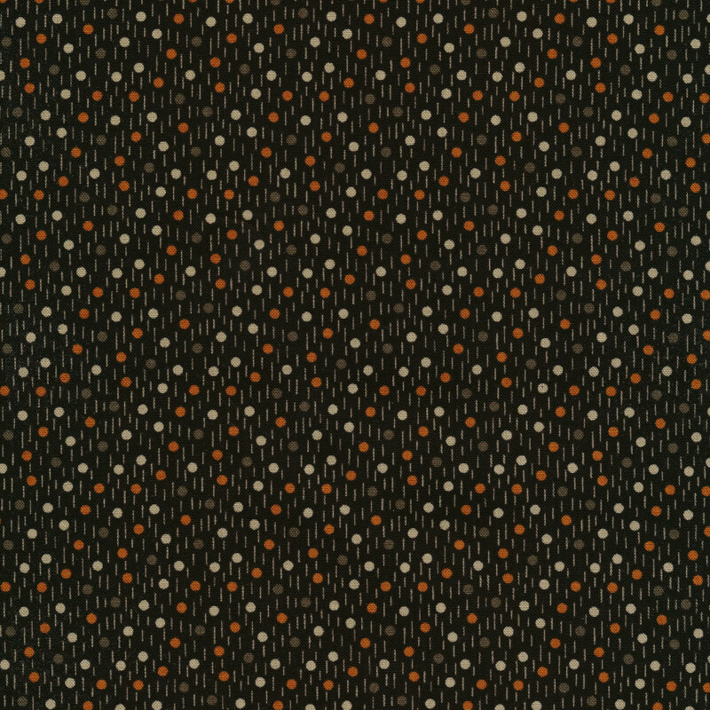 black fabric with modern patterning in brown, orange, and beige dots and dashes.
