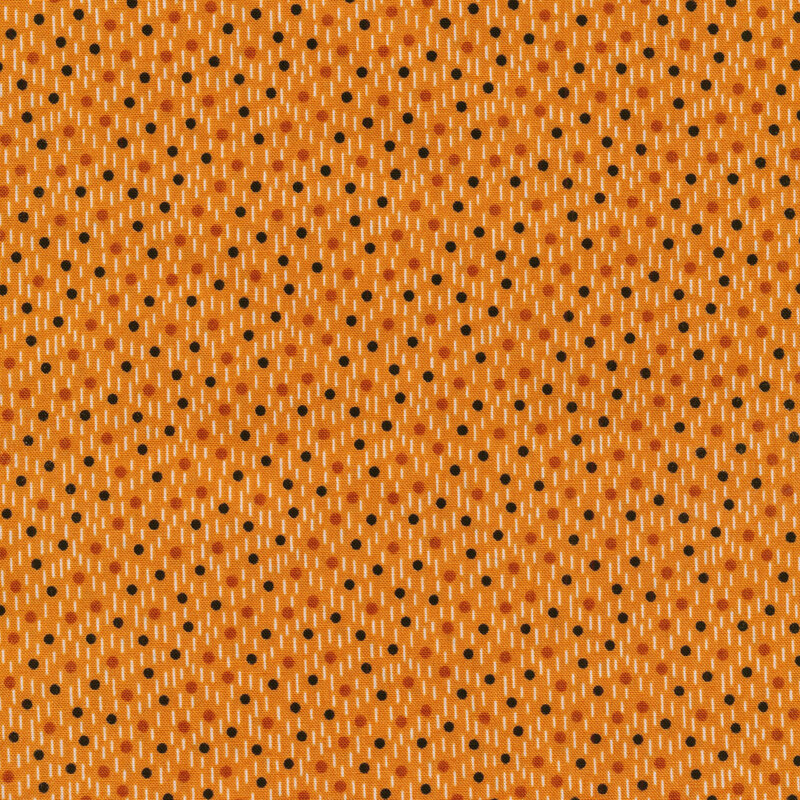 bright orange fabric with modern patterning in black, orange, and white dots and dashes.