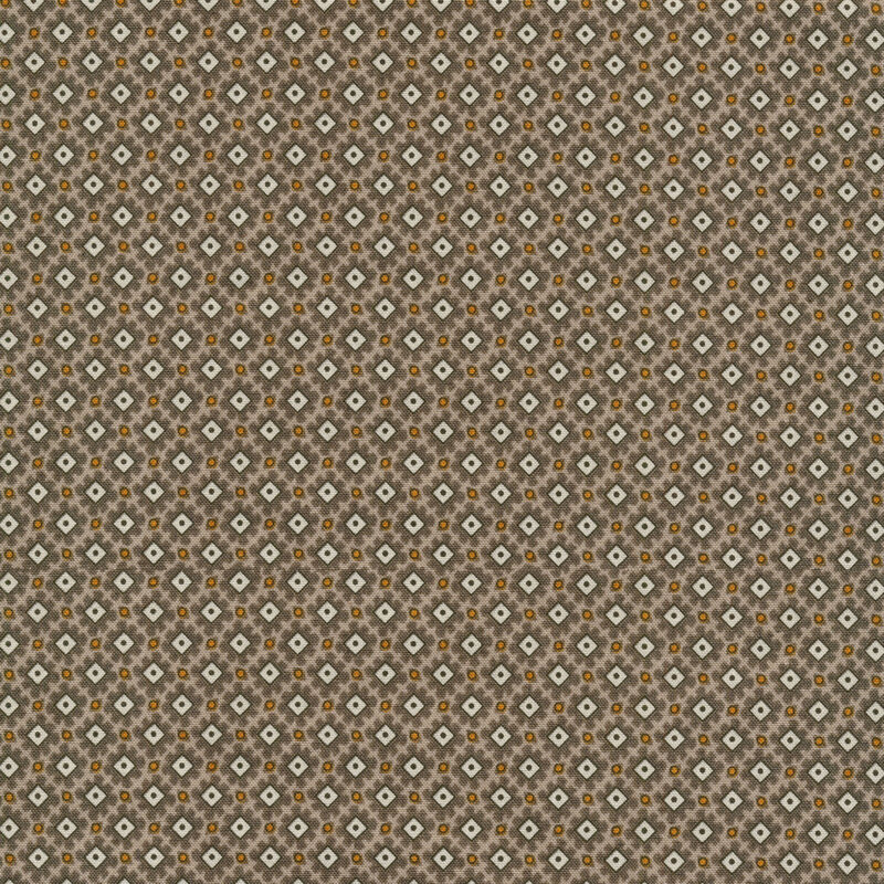 taupe fabric with modern geometric patterning that consists of cream diamonds and orange and black dots.