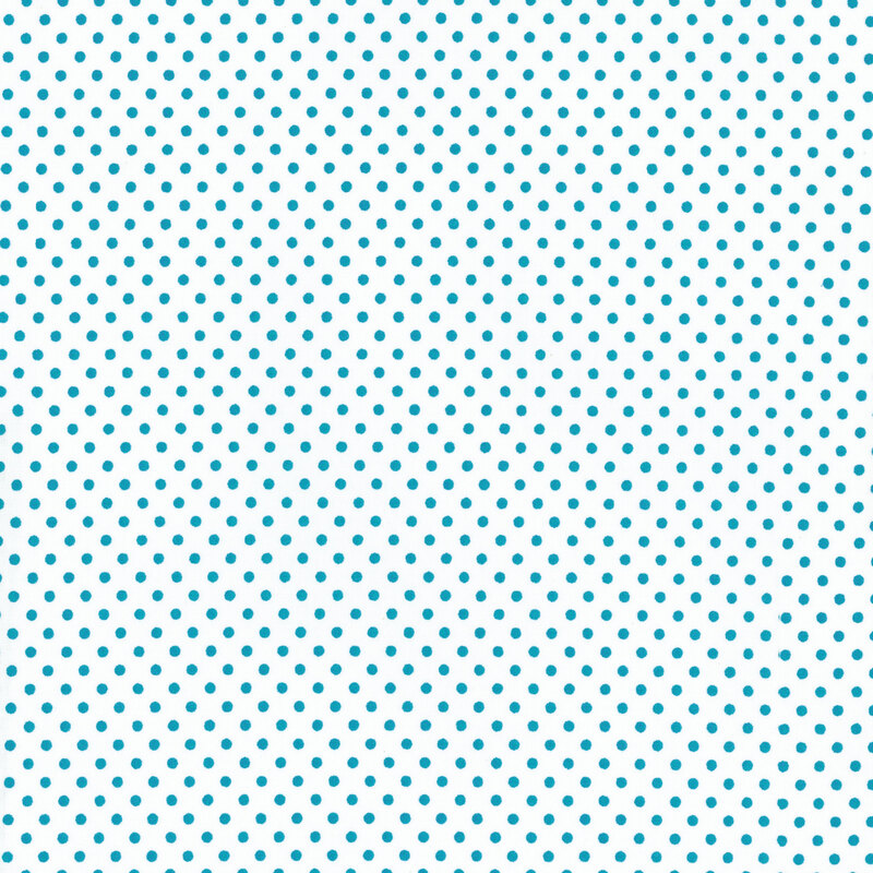 this fabric features a stark white background with solid teal polka dots