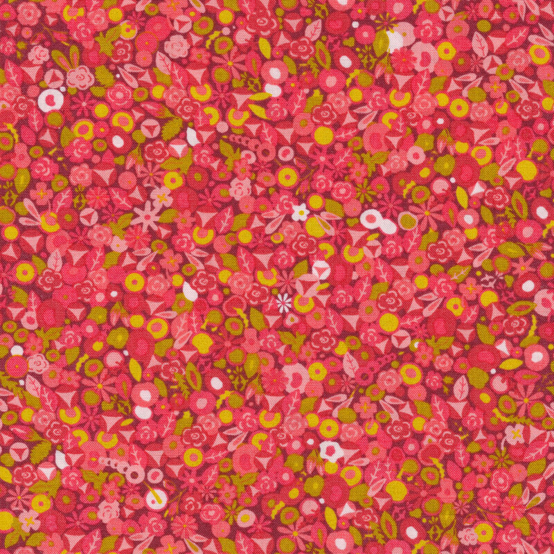 Dusty pink fabric covered with pink retro florals, accented by bright yellow flowers and leaves