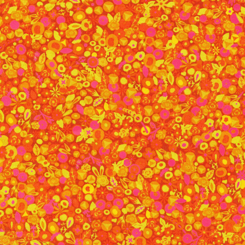 Bright orange fabric covered with yellow retro florals, accented by bright pink flowers and yellow leaves