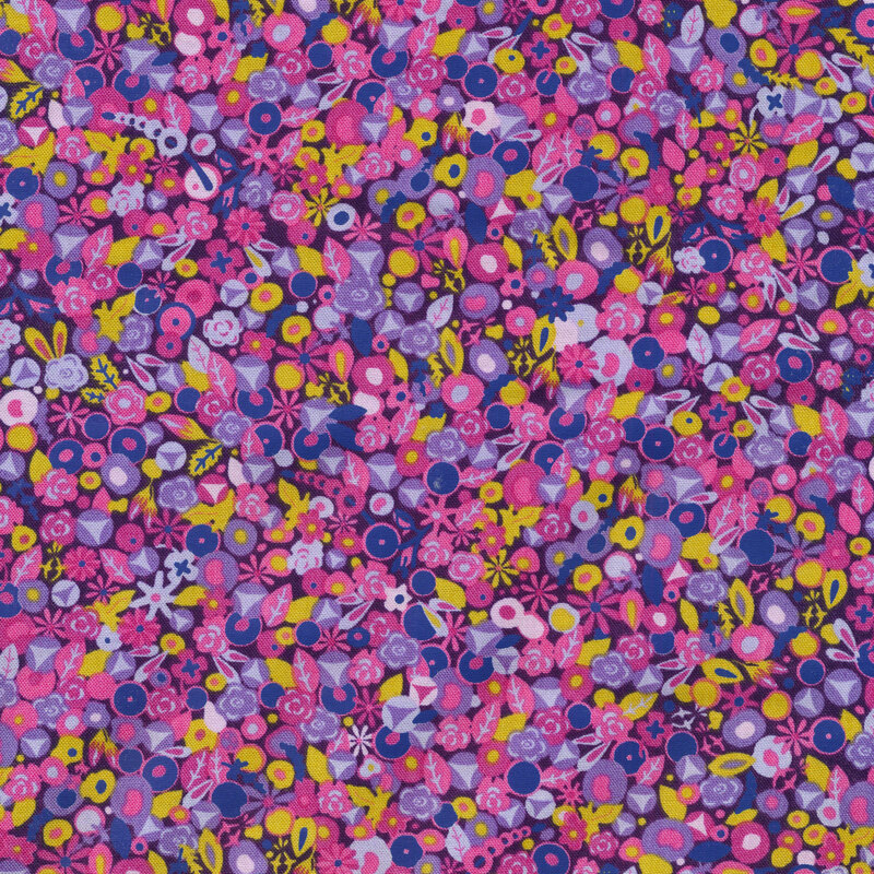 Purple fabric covered with pink and purple retro florals, accented by bright indigo flowers and yellow leaves