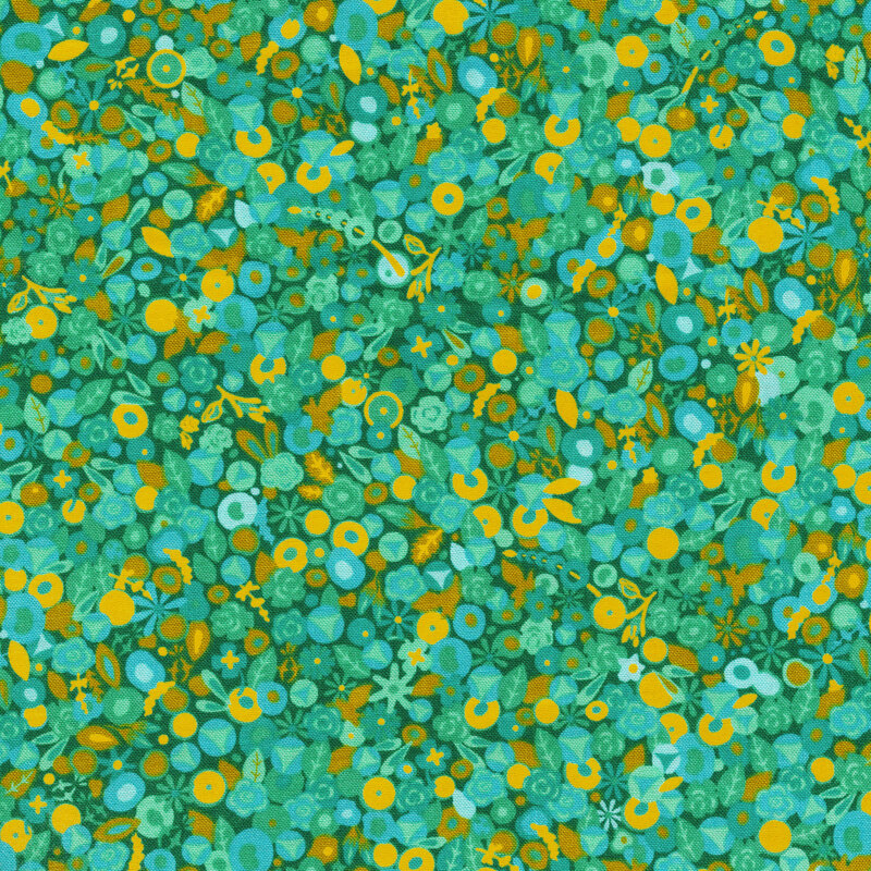 Teal fabric covered with turquoise and aqua retro florals, accented by bright yellow flowers and chartreuse  leaves