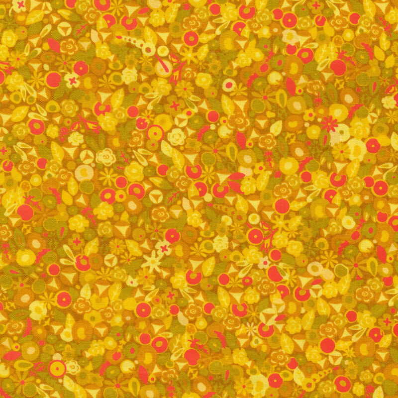 Gold fabric covered with yellow retro florals, accented by bright red flowers and chartreuse  leaves