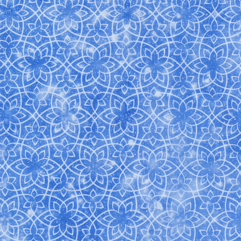 Fabric with pale blue outlines of connecting snowflakes against a mid blue mottled background