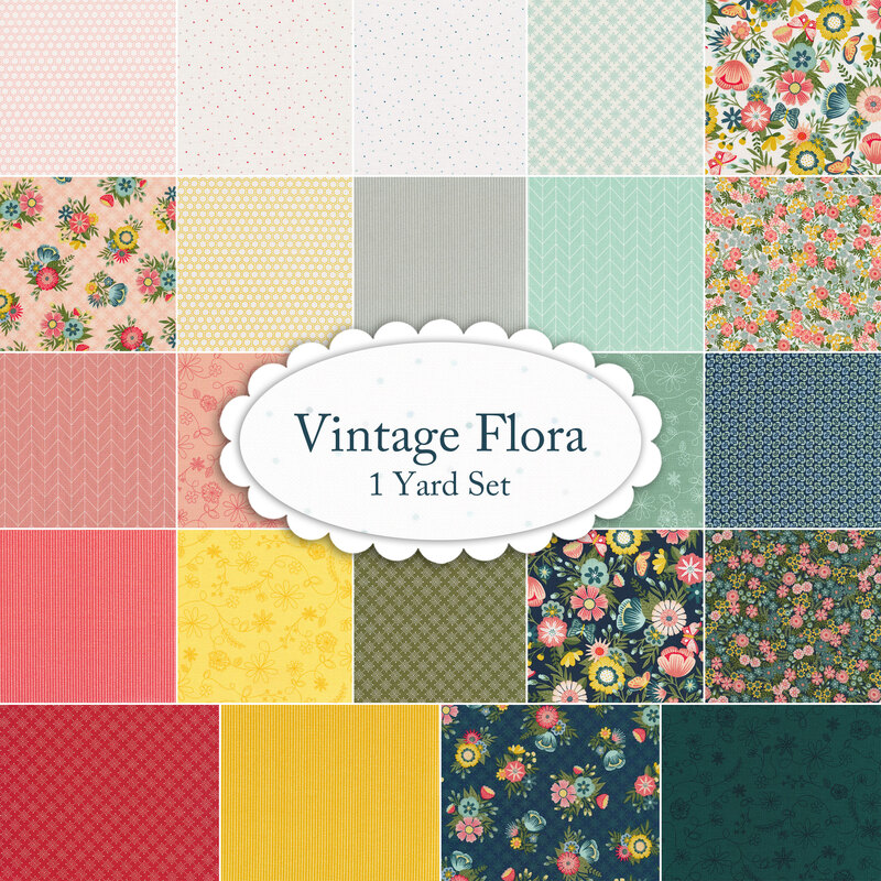 A collage of 23 colorful fabrics included in the Vintage Flora 1 yard set