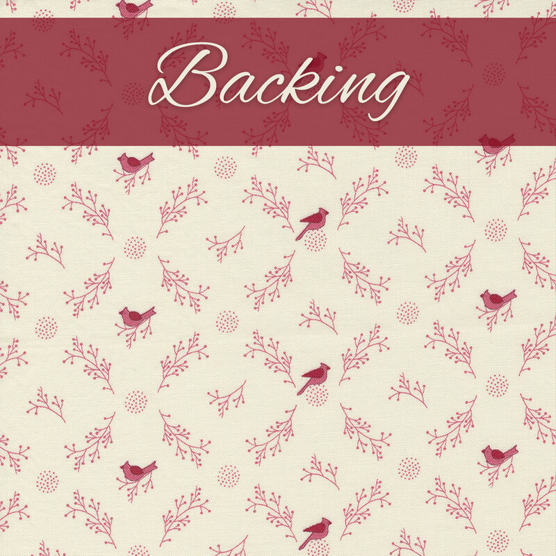 red birds, vines and small berries on a cream background with a red banner at the top that reads 