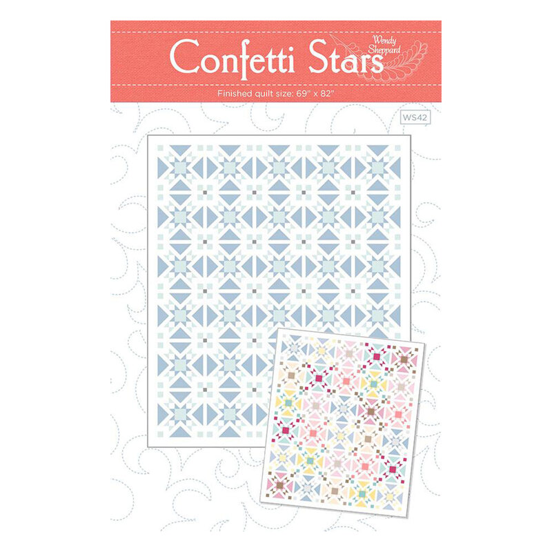 Front of the confetti stars pattern, finishing two examples of the quilt in blue and white as well as multicolor 