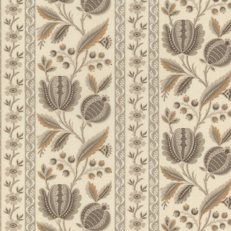 Floral fabric decorated with large gray and small white flowers, interspersed with gray floral stripes, on a cream white background