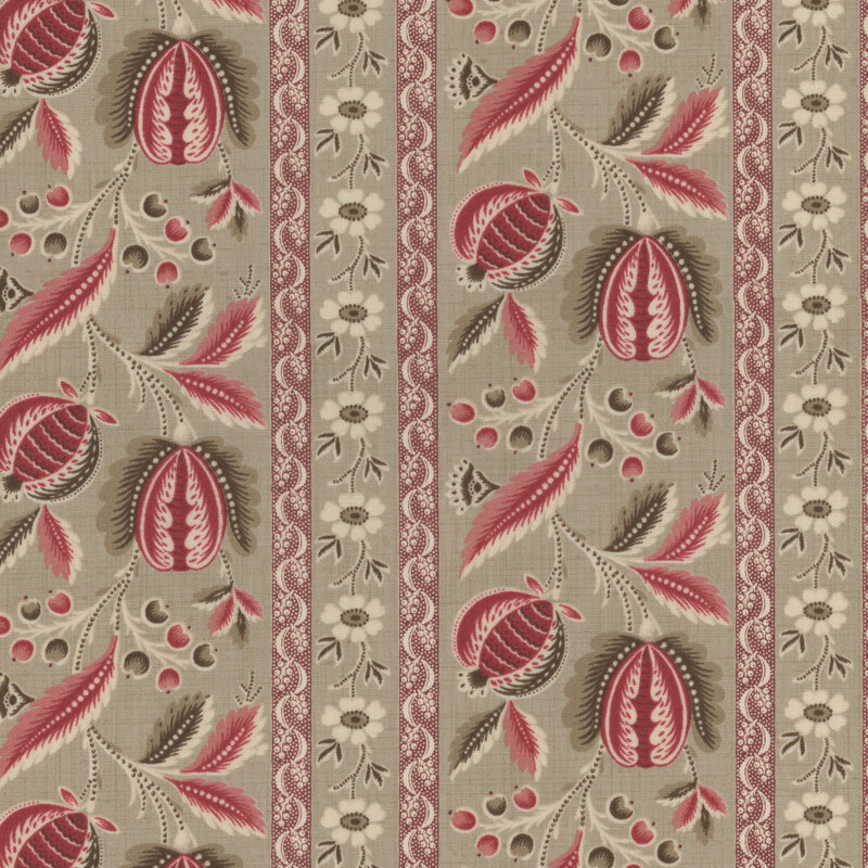 Floral fabric decorated with large pink flowers and small cream white flowers, interspersed with gray floral stripes, on a tan background