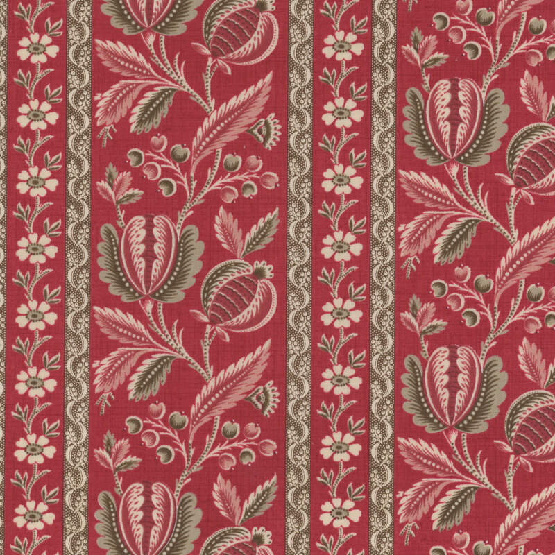 Floral fabric decorated with large red and pink flowers and small white flowers, interspersed with gray floral stripes, on a dark red background