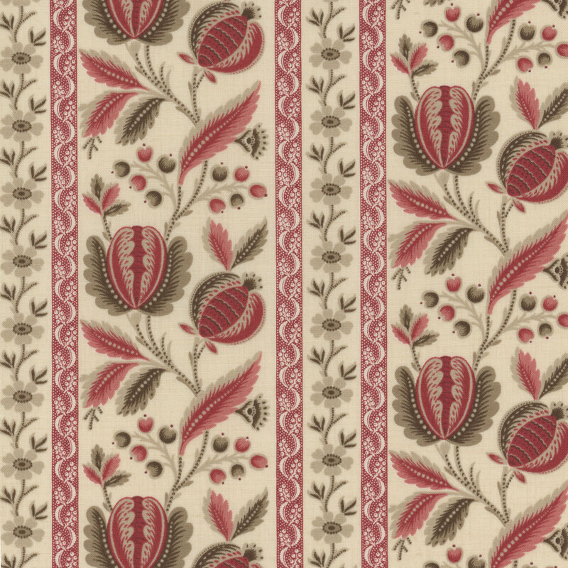 Floral fabric decorated with large red and pink flowers and small white flowers, interspersed with gray floral stripes, on a cream white background