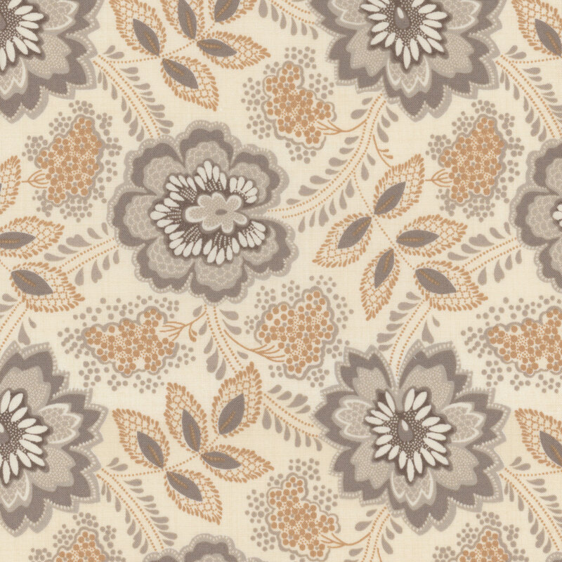 Floral fabric decorated with large gray flowers and bunches of small yellow and white flowers on a cream background