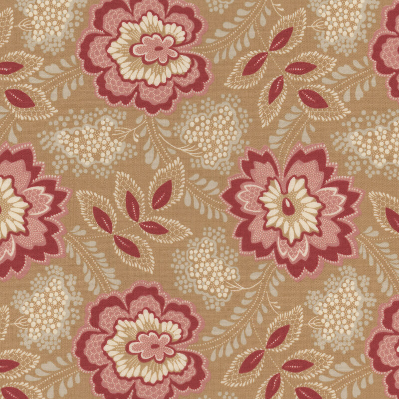 Floral fabric decorated with large pink flowers and bunches of small white flowers on a tan brown background