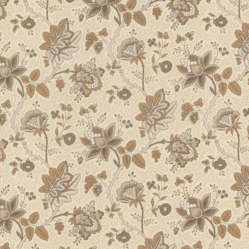 Floral fabric decorated with large gray and cream flowers and leaves, accented with abstract lines on a cream background