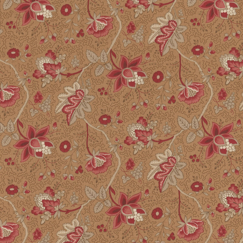 Floral fabric decorated with large pink flowers and leaves, accented with abstract lines on a tan brown background