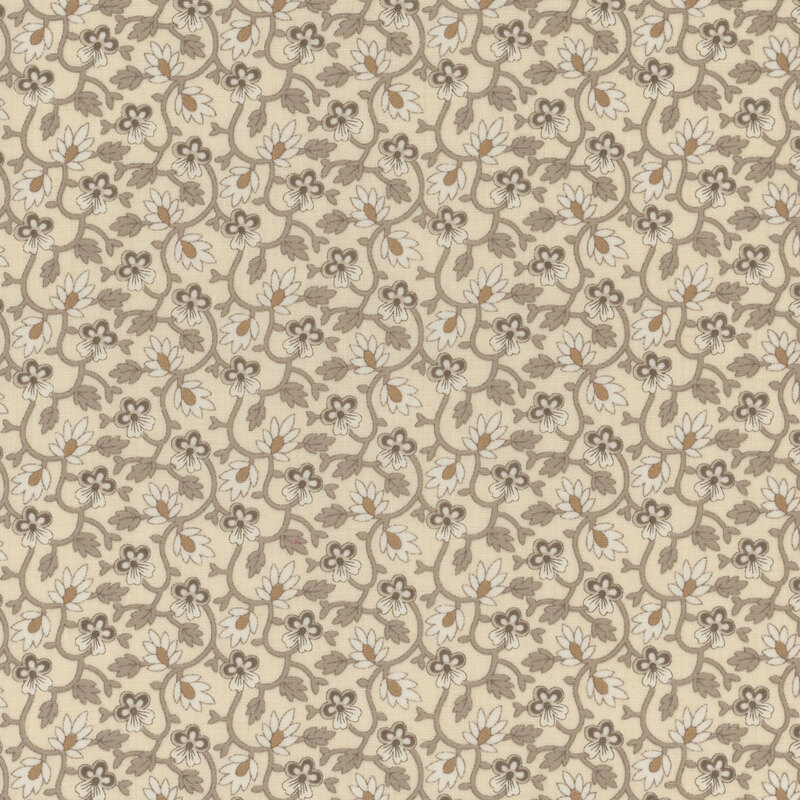 Floral fabric featuring small tan flowers and cream leaf accents, connected by gray vines and set against a lighter cream background
