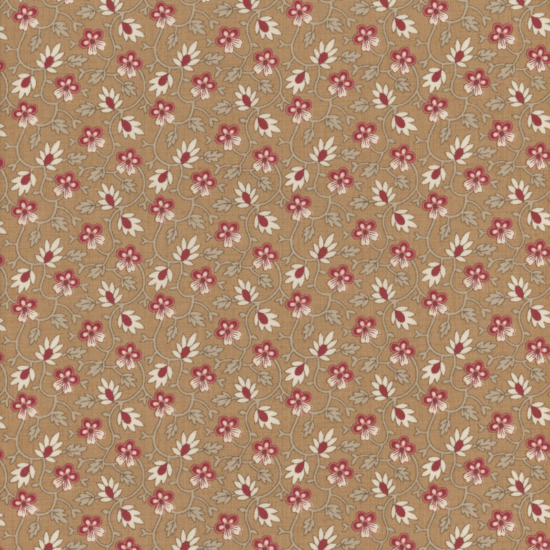 Floral fabric featuring small red flowers and cream leaf accents, connected by tan vines and set against a tan background
