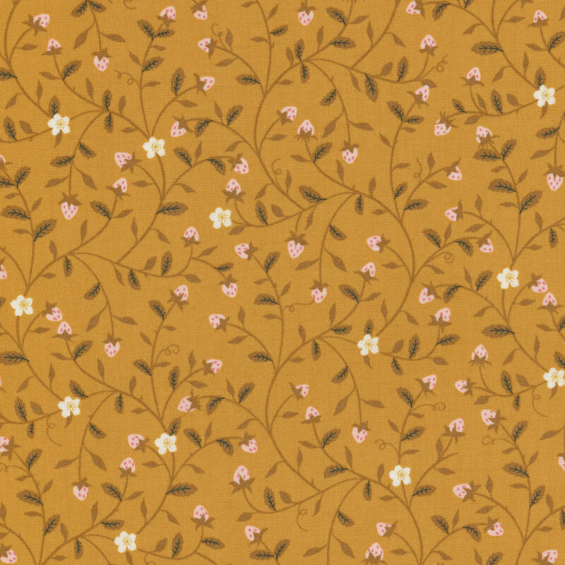 fabric with climbing vines, white flowers and ditsy strawberries on a honey yellow backgorund