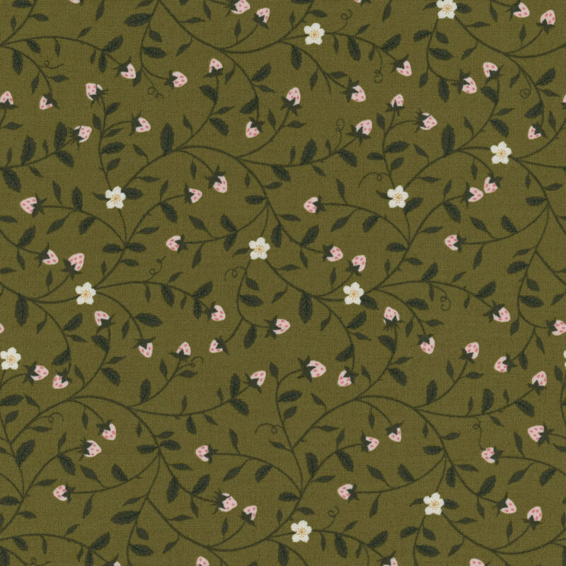 fabric with climbing vines, white flowers and ditsy strawberries on a forest green backgorund