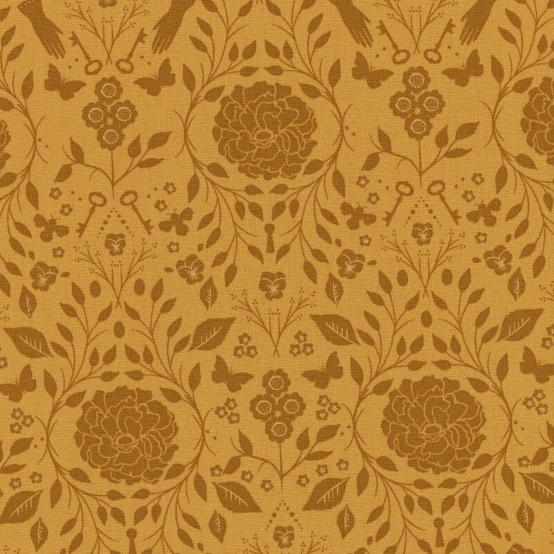 fabric with dark yellow damask print with florals and leaves with a honey yellow background
