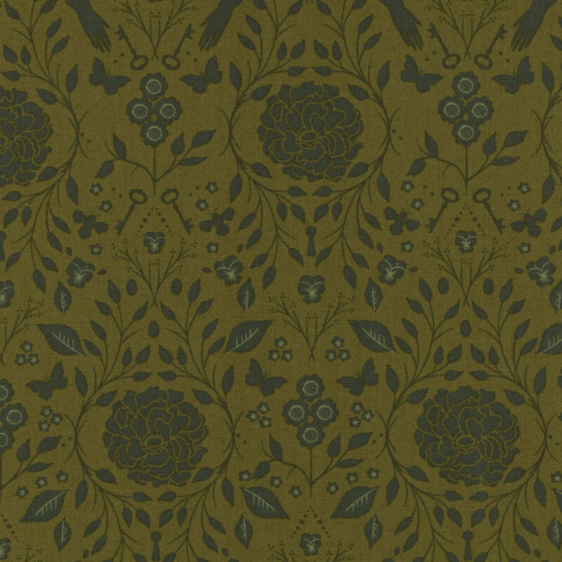 fabric with dark green damask patterns with florals and leaves with a green background