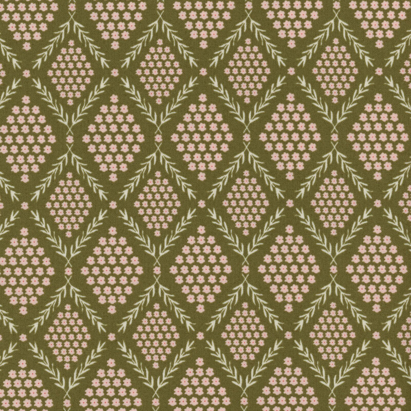 fabric with light green leafy vines bordering white flowers on a forest green background
