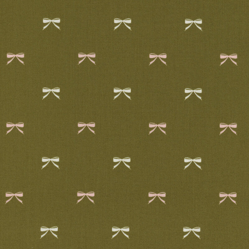 fabric with alternating rows of pink and white ribbons on a forest green background